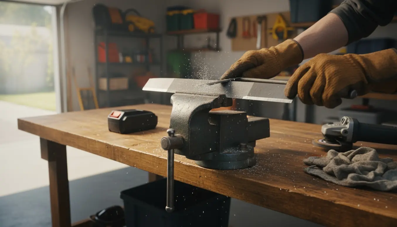 Nærbillede af en sløv, hakket plæneklipperkniv spændt i en skruestik, klar til slibning med handsker og fil ved siden af.