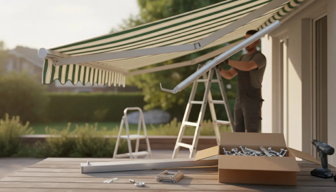 Tekniker udskifter en skæv markisearm på terrassen med værktøj og reservedele ved siden af.