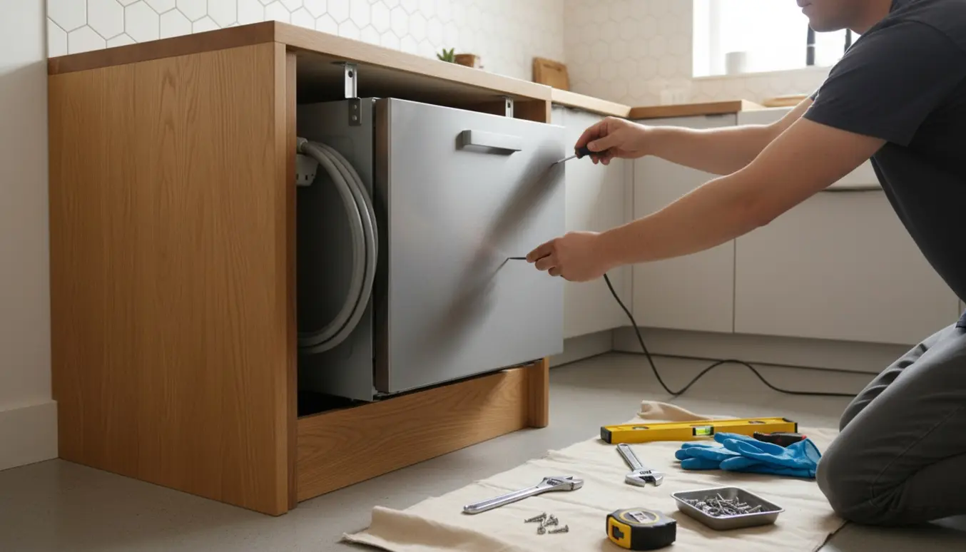 Bordopvaskemaskine hæves og monteres under køkkenbordet med værktøj og beslag i forgrunden.