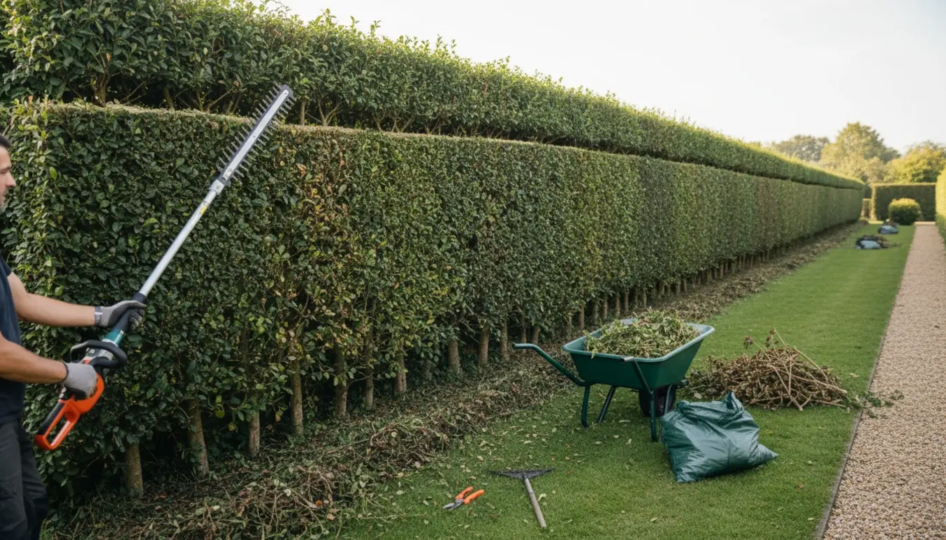 Lang grøn hæk bliver beskåret i toppen med en lang hækkeklipper, og afklip ligger samlet langs hækfoden.