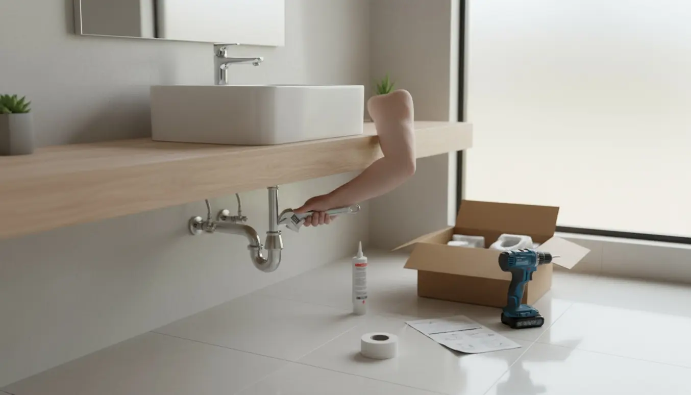 Nærbillede af montering af en ny håndvask i et badeværelse med værktøj og rør, uden synlige ansigter.