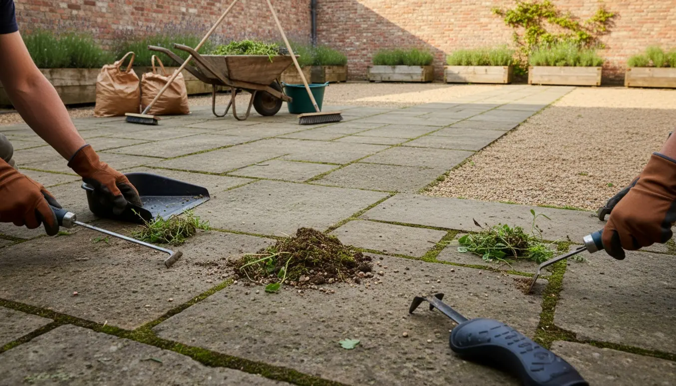 Nærbillede af handsker og redskaber, der fjerner ukrudt mellem belægningssten på en stor gårdsplads.