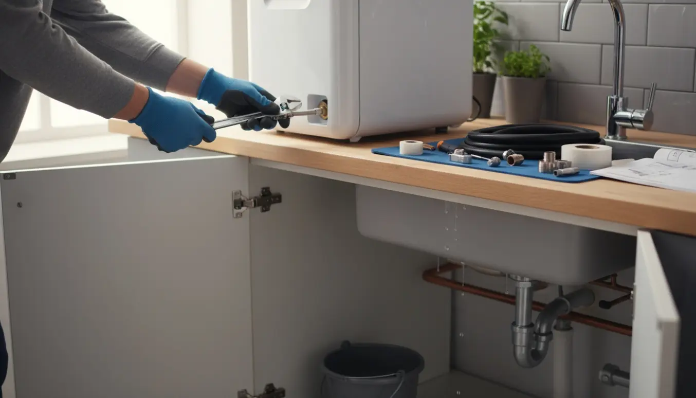Hænder installerer en kompakt bordopvaskemaskine ved vasken med værktøj og slanger på køkkenbordet.