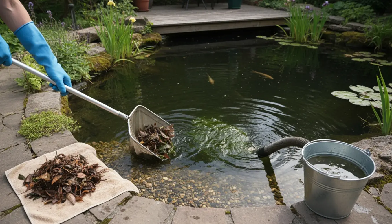Havedam under rensning med net, sugeslange og spand med fjernet alger, klart vand og svømmende fiskesilhuetter.