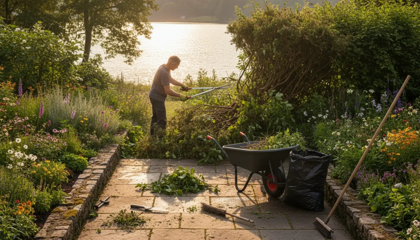 En gartner beskærer buske og fjerner ukrudt fra bede og flisestier med sø i baggrunden.
