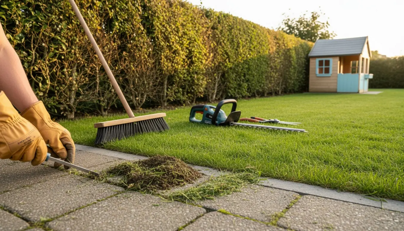 Hækkeklipning og fjernelse af ukrudt mellem fliser med rene kanter ved græsplænen og en fejet terrasse.
