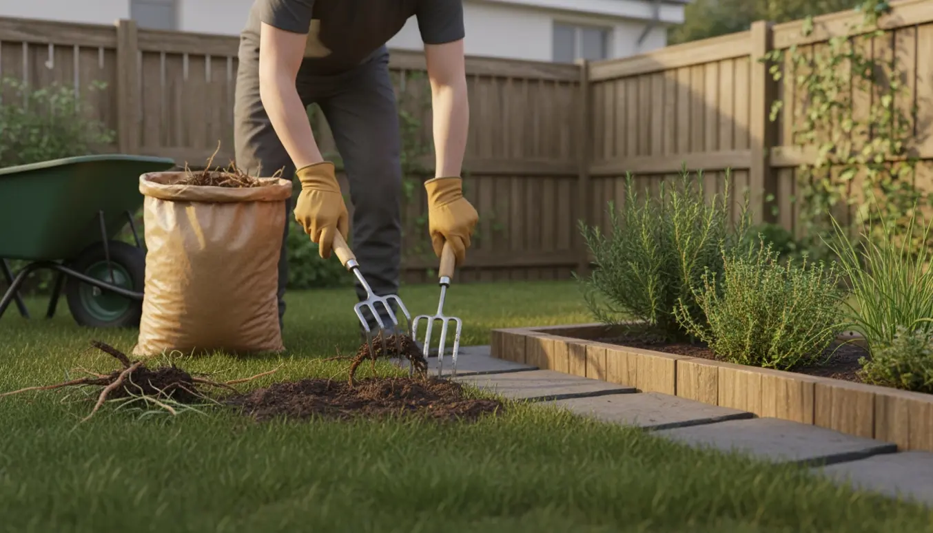 Hænder i handsker fjerner ukrudt ved et hjørnegrund og et lavt urtebed med trillebør til haveaffald.
