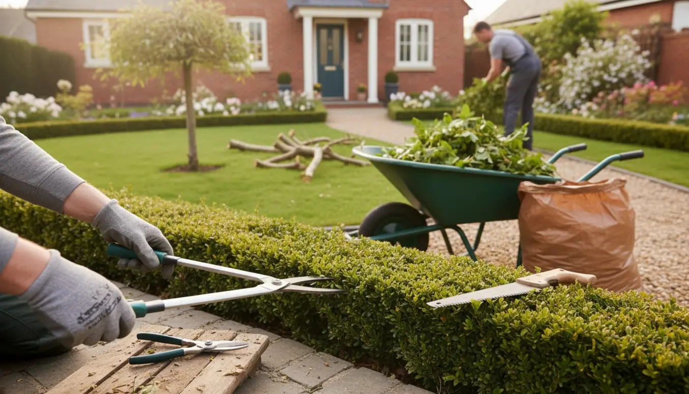 Nærbillede af en forhave hvor hækken trimmes og grene fyldes i en trillebør.