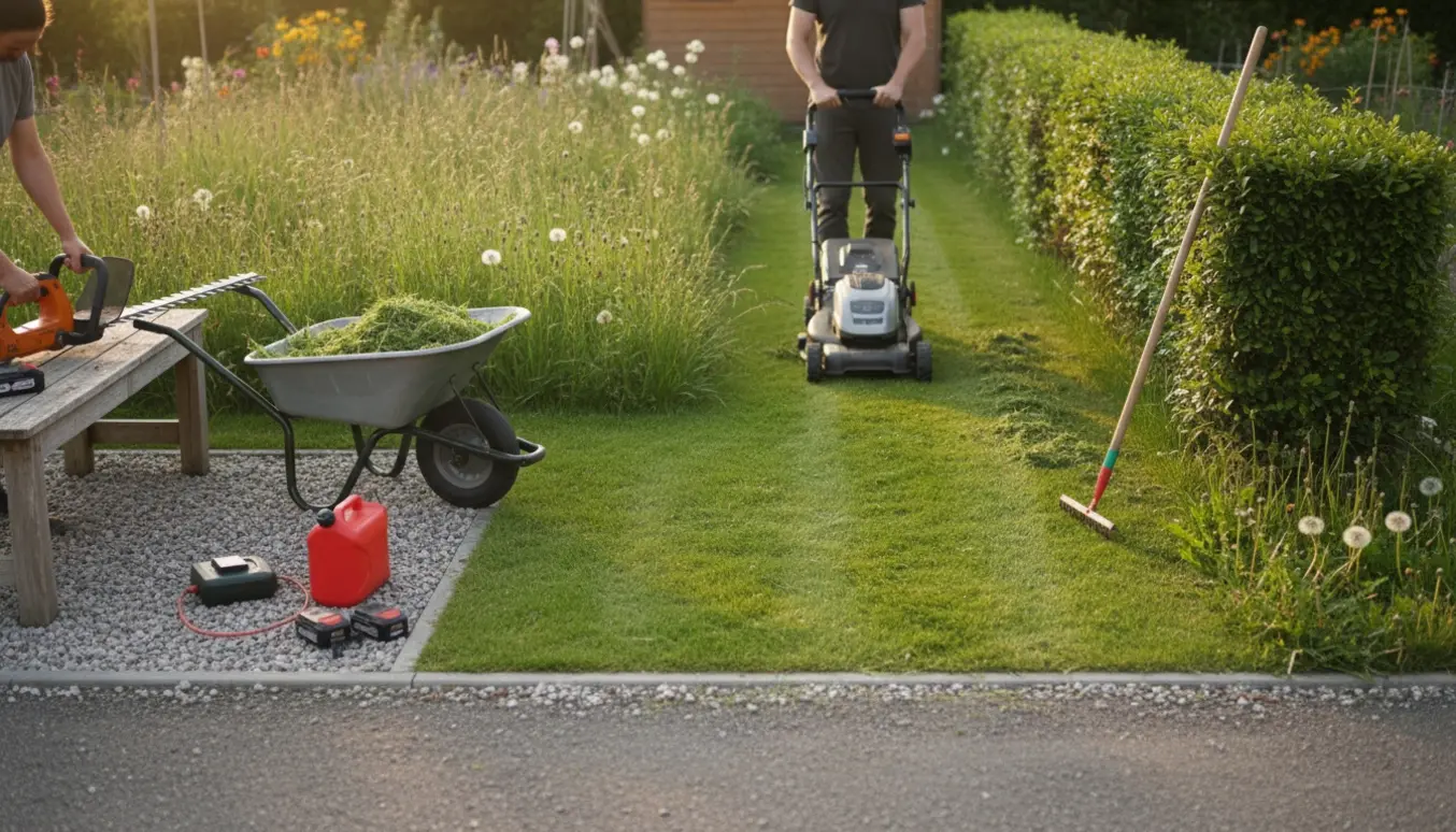 Kolonihave med halvslået græs, delvist trimmet hæk og redskaber ved parkeringspladsen.