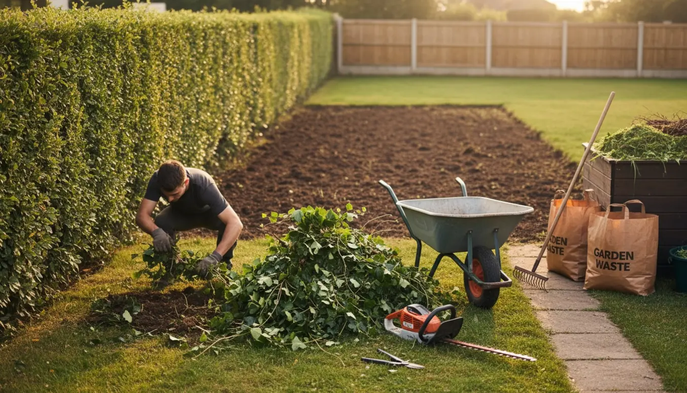Gloved hænder fjerner efeu fra et nyryddet bed ved siden af en nyklippet hæk med haveredskaber og en trillebør.
