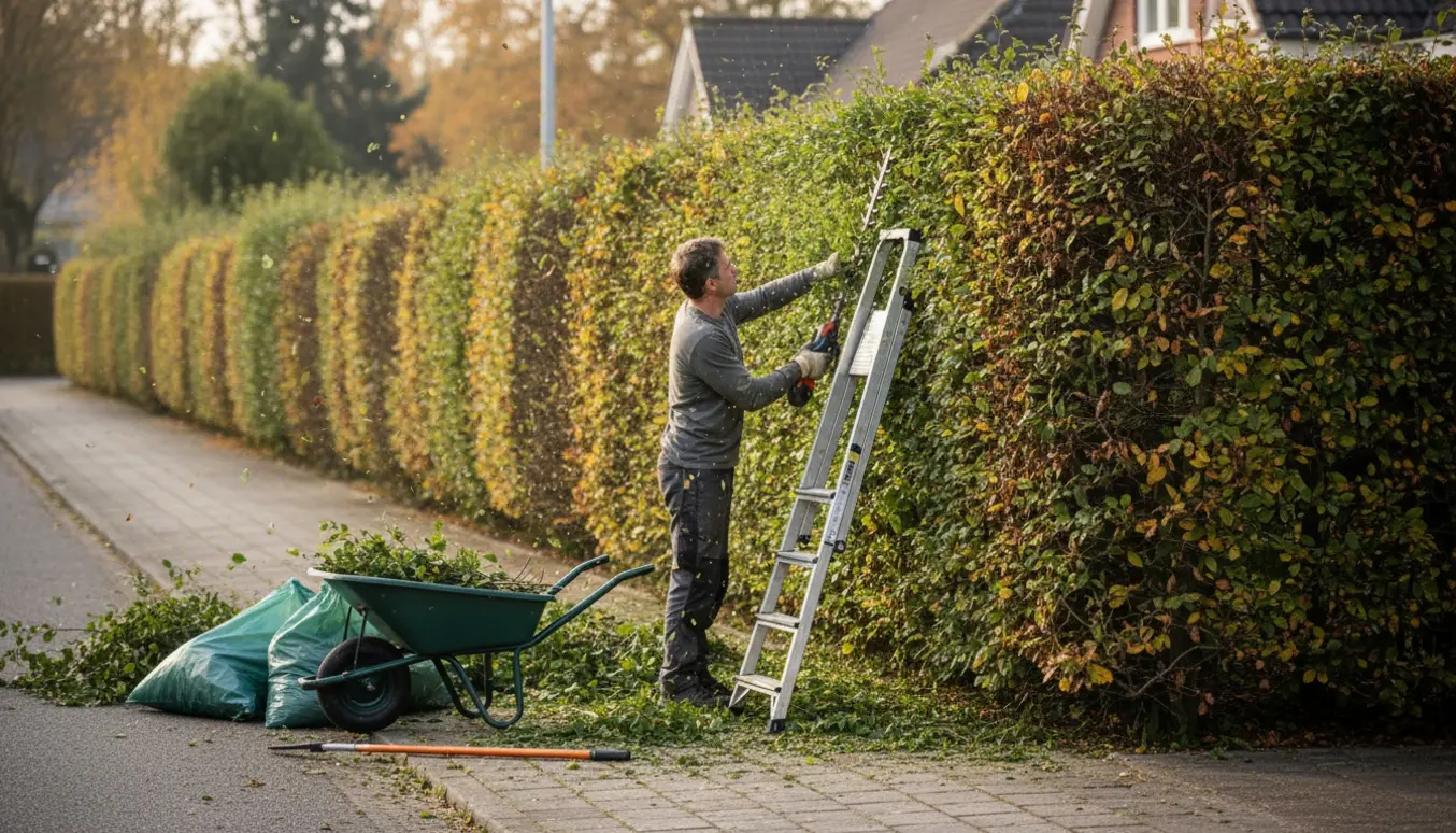 Klipning af en ca. 2,3 m høj bøgehæk på en hjørnegrund med hækkeklipper, trillebør og bunker af hækafklip.