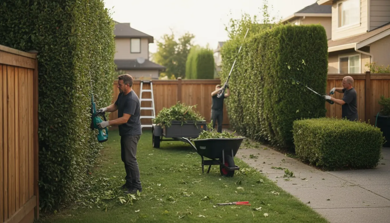 Handværker klipper tre hække ved skel og fylder en trillebør med haveaffald.