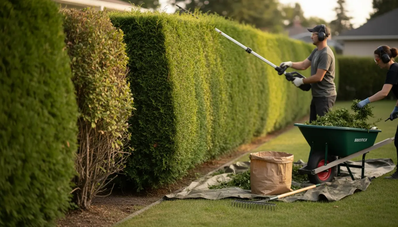 Lang hæk i villahave klippes i top og én side med stanghækkeklipper, afklip samlet i trillebør og på presenning.