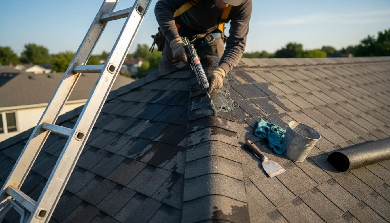 Hænder på en håndværker på stige tæt på en utæt skotrende på et to-etagers tag, mens tagtætning påføres.