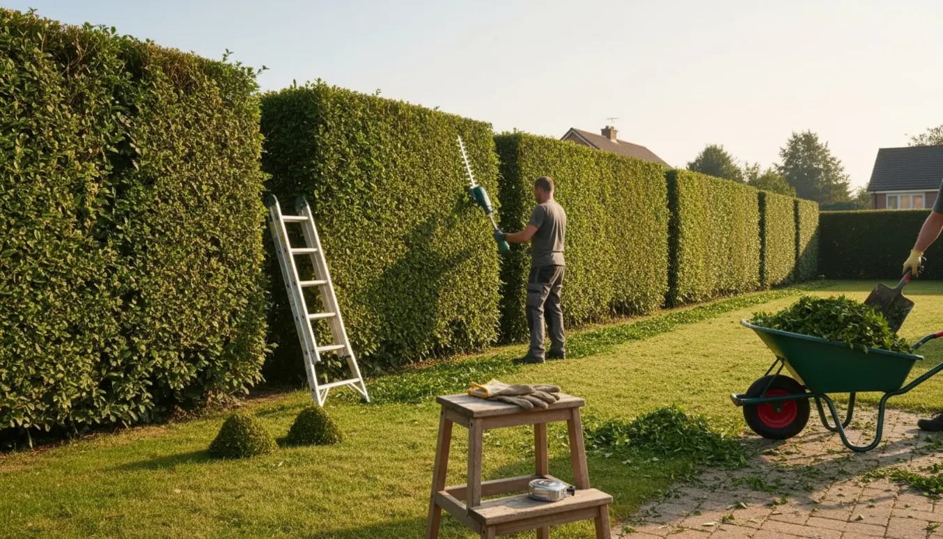 Ligusterhæk klippes i en solrig forhave med hækkeklipper, stige og trillebør fyldt med afklip.