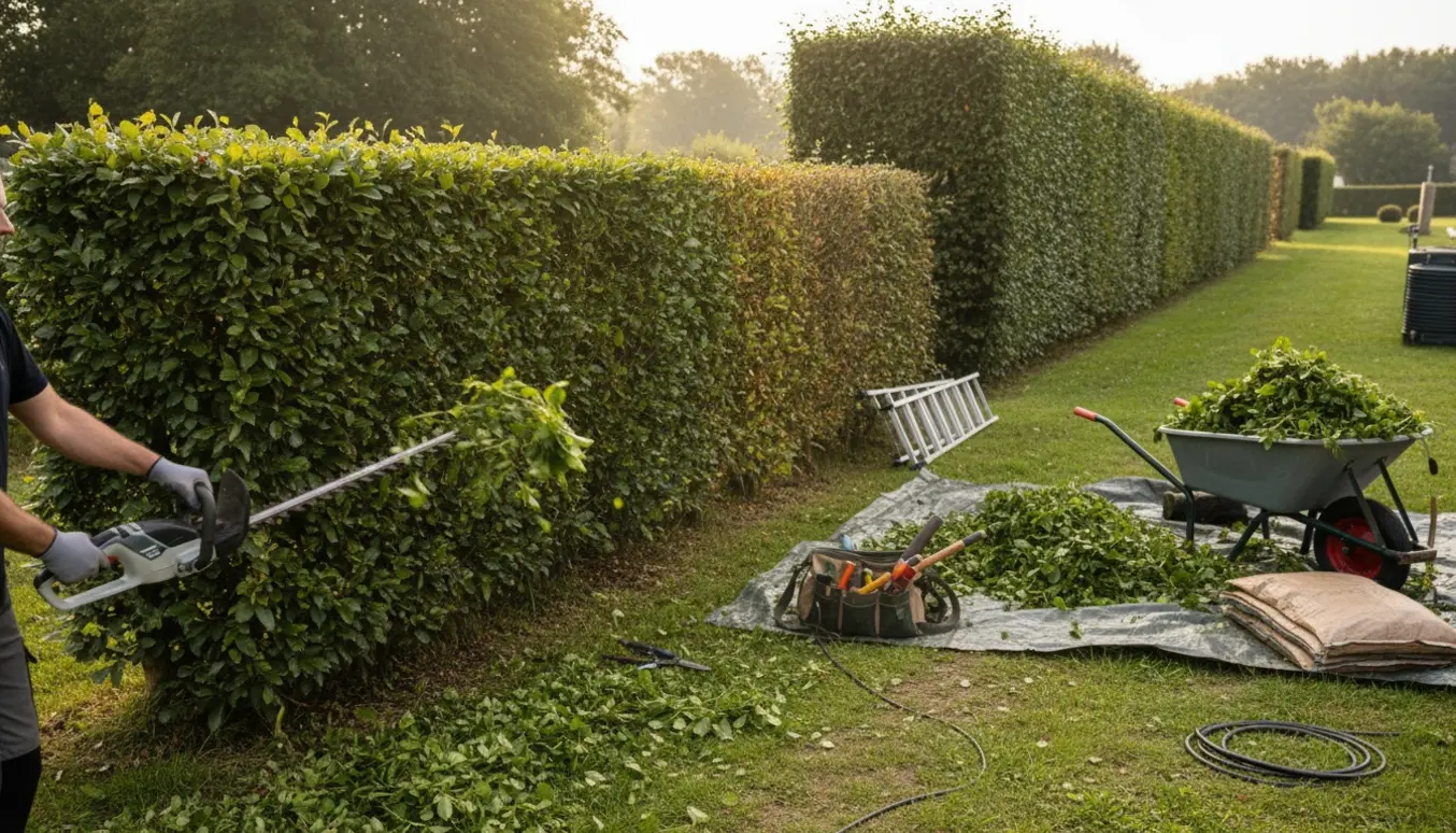 Beskæring af en lang bøgehæk med trimmer, stige og trillebør fyldt med afklip i varmt dagslys.