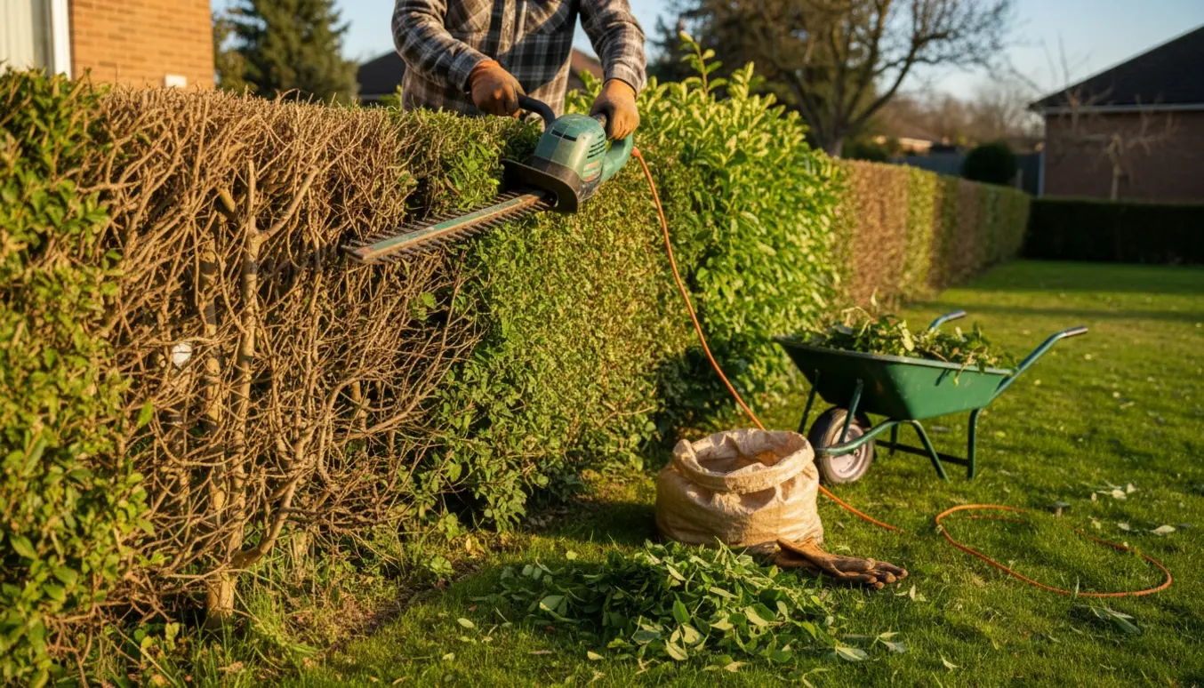 En lav hæk klippes med en ældre el-hækkeklipper, og afklip ligger samlet i en trillebør og sæk.