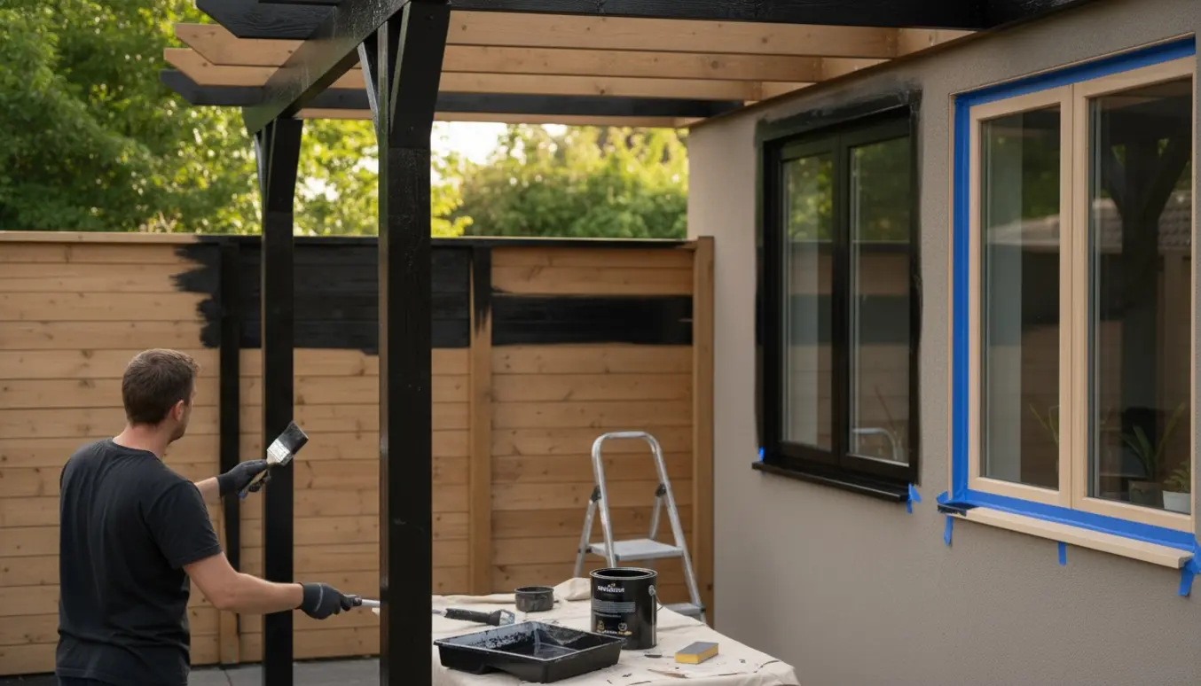 Pergola og vinduesrammer i færd med at blive malet i sort træfarve med pensel, rulle og værktøj i naturligt aftenski.