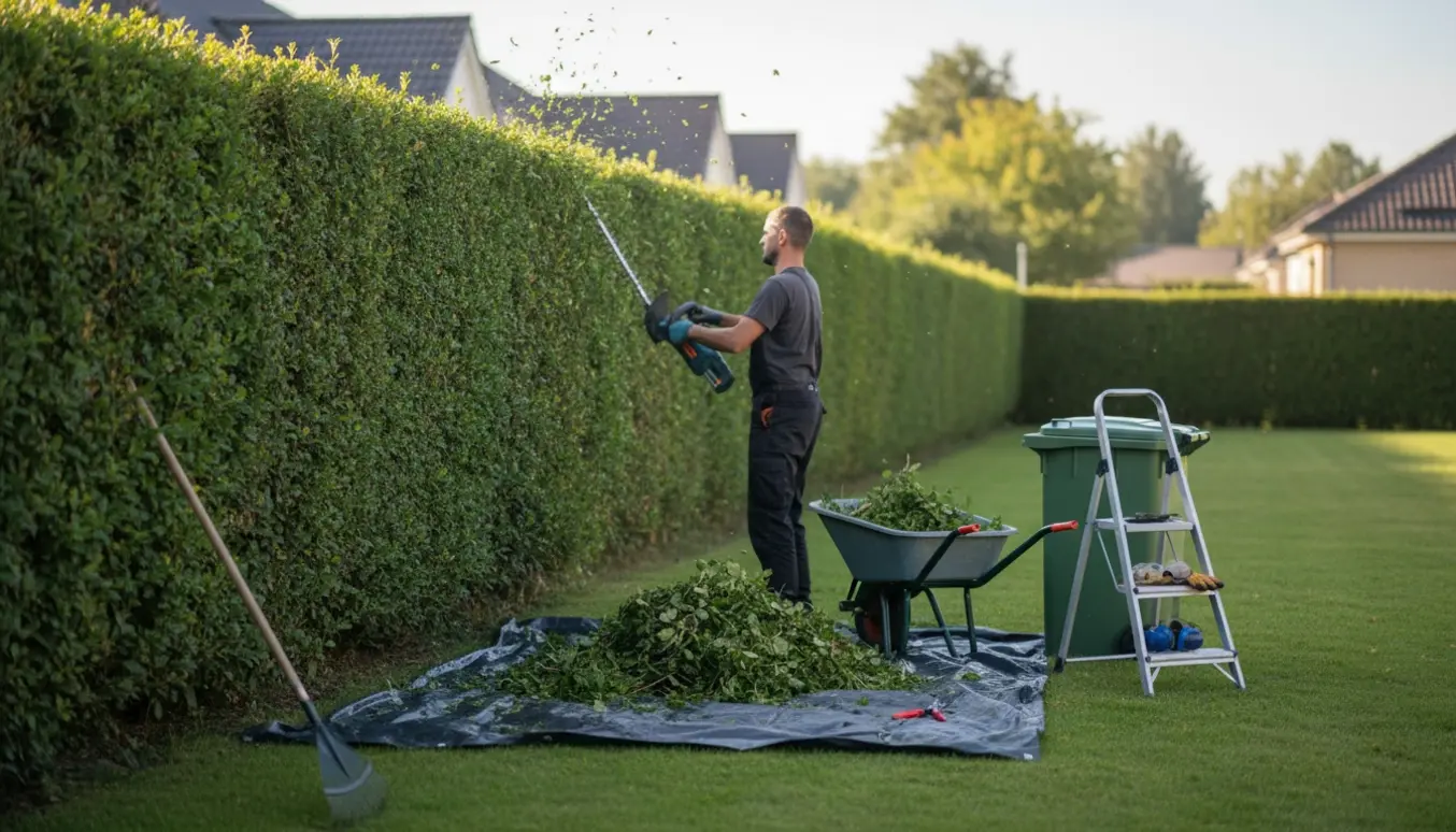 Person trimmer en privat hæk fra siden og samler haveaffald i trillebør og på et presenning.