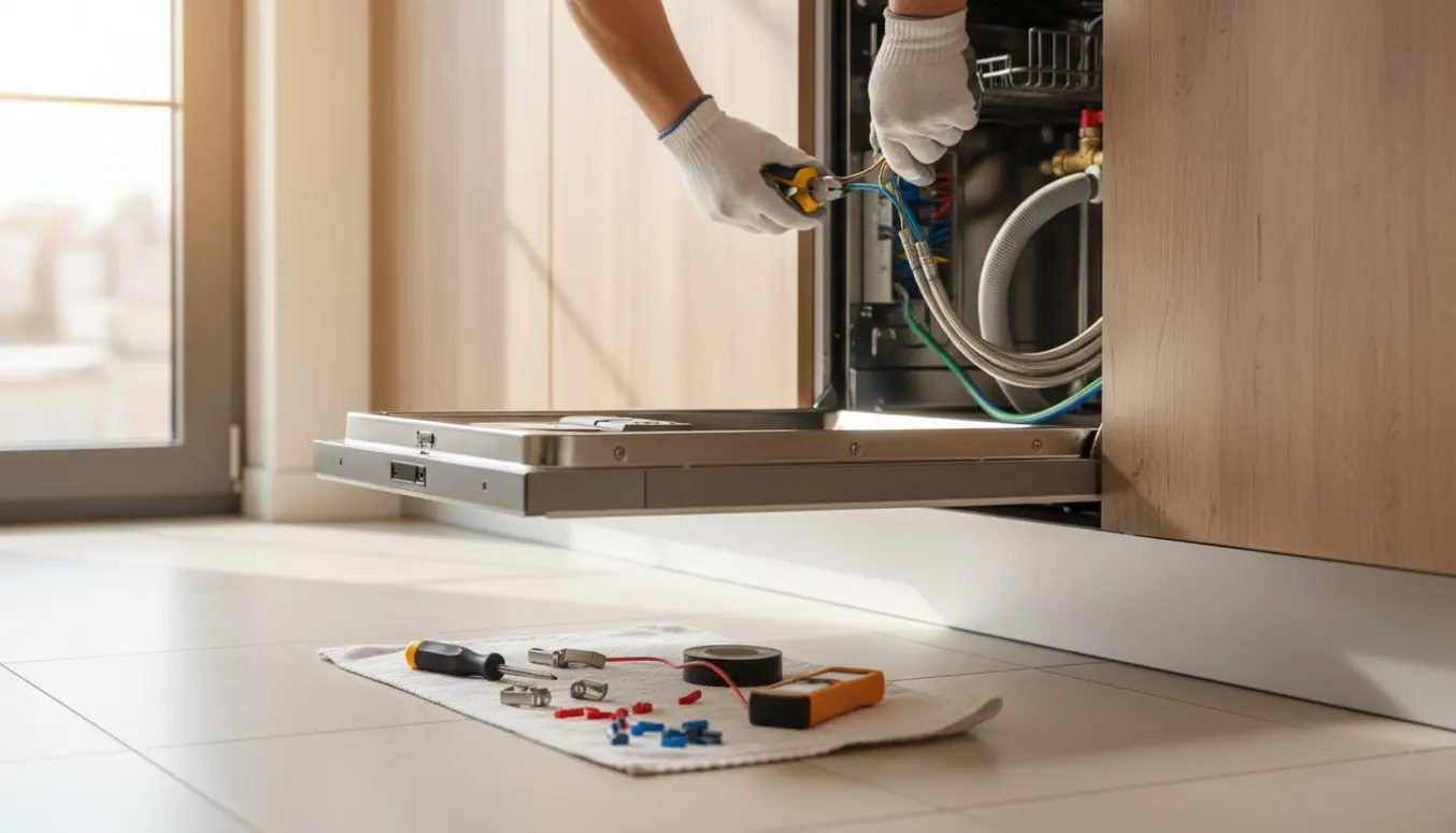 En autoriseret elektriker forbinder afisolerede ledninger i et køkkenskab bag en ny opvaskemaskine.