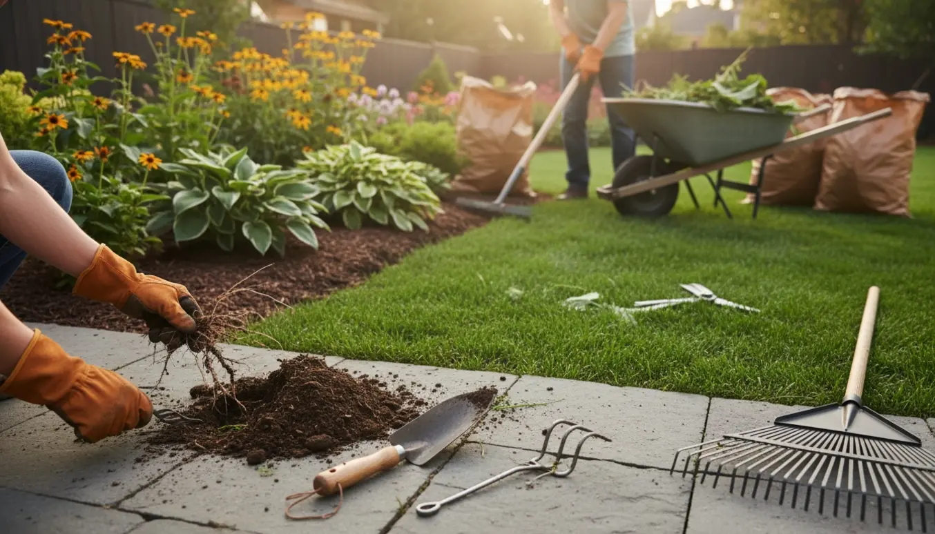 Hænder i handsker fjerner ukrudt fra fliser og kanten af græsplænen med værktøj og trillebør i en soloplyst have.