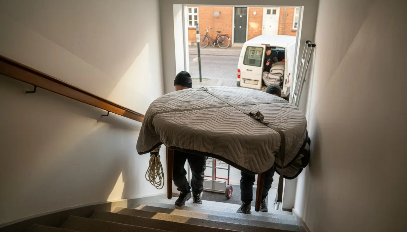 Et indpakket rundt spisebord bæres op ad en lejlighedstrappe i morgenlys med en flyttevogn parkeret udenfor.