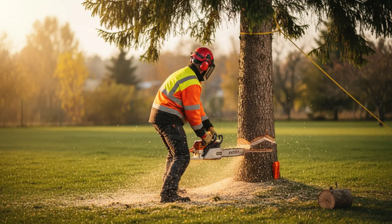 Person i beskyttelsesudstyr fælder en 6–7 m høj gran i en åben have med kædesav og savsmuld.