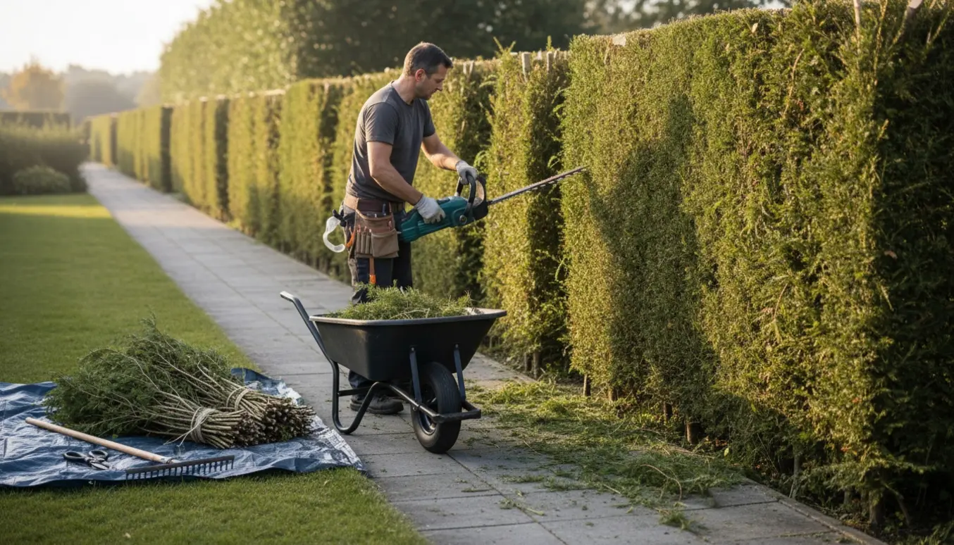 Nærbillede af en lærkehæk, hvor en person klipper siden og delen af toppen med en elektrisk hækkeklipper, mens afklip samles i en trillebør.