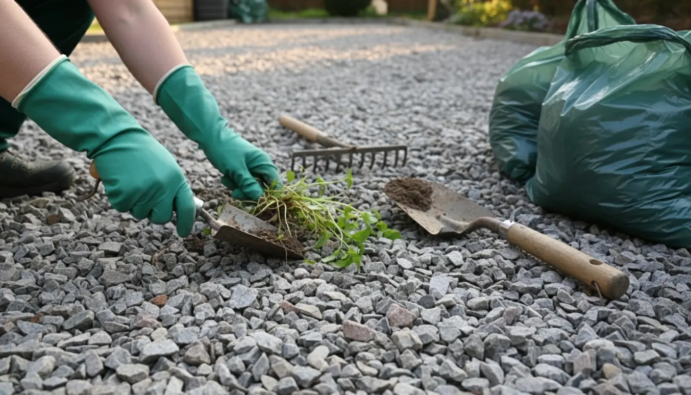 Nærbillede af hænder der fjerner ukrudt mellem grå granitskærver med skovl, rive og haveposer i baggrunden.