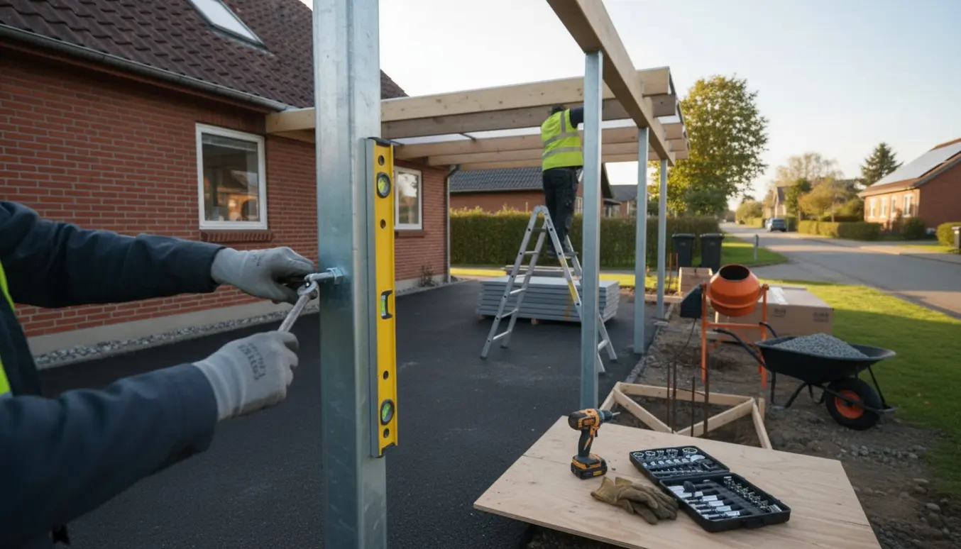 En carport under opbygning ved en rød murstensvilla med form til støbte fundamenter og værktøj i forgrunden.
