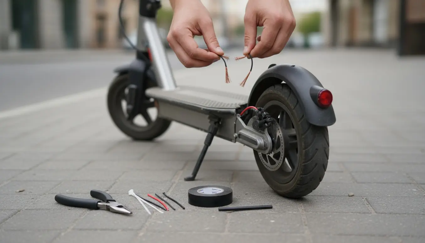 En elscooter med en sprækket plastikbagskærm og blottede ledninger, mens hænder reparerer den på fortovet.