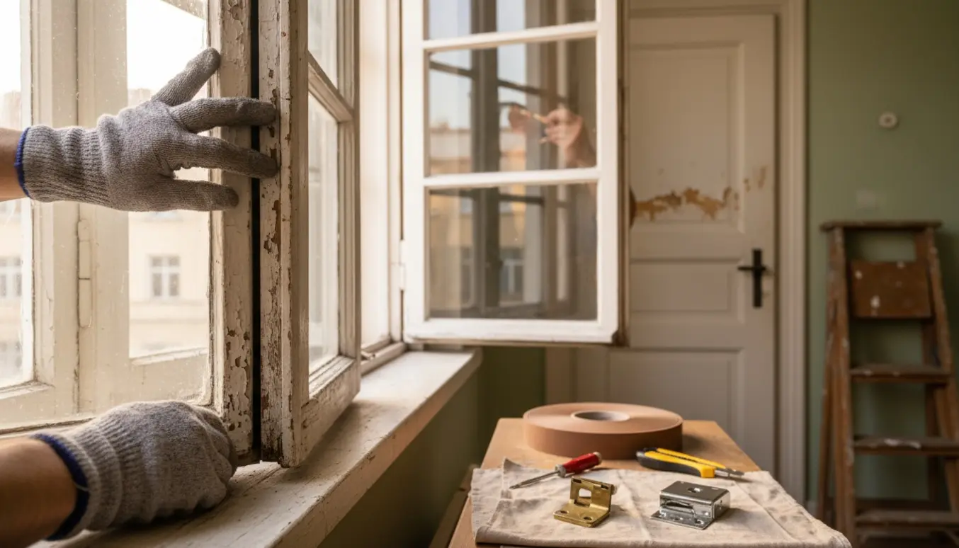 Hænder monterer nye tætningslister i gamle vinduesrammer i en lejlighed fra 1939.