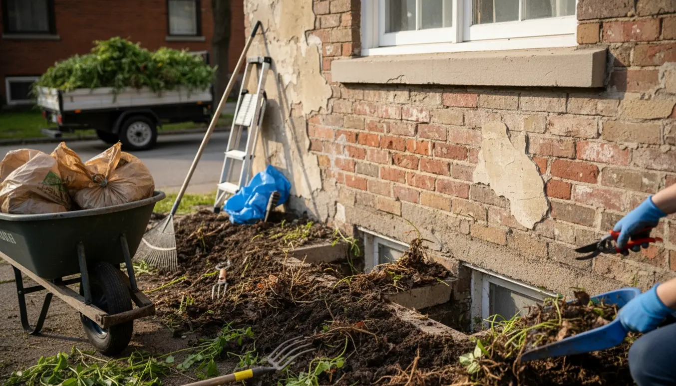 Facade ryddet for planter og ukrudt, bed under vindue tømt, lyskasser renset og haveaffald samlet i sække.