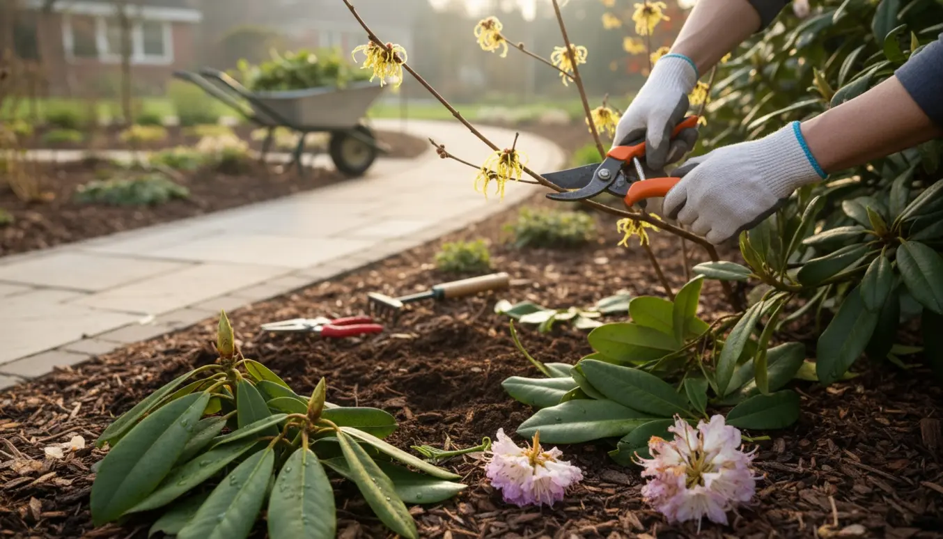 Gloved hænder beskærer troldhassel ved en rododendron i et velholdt havebed.