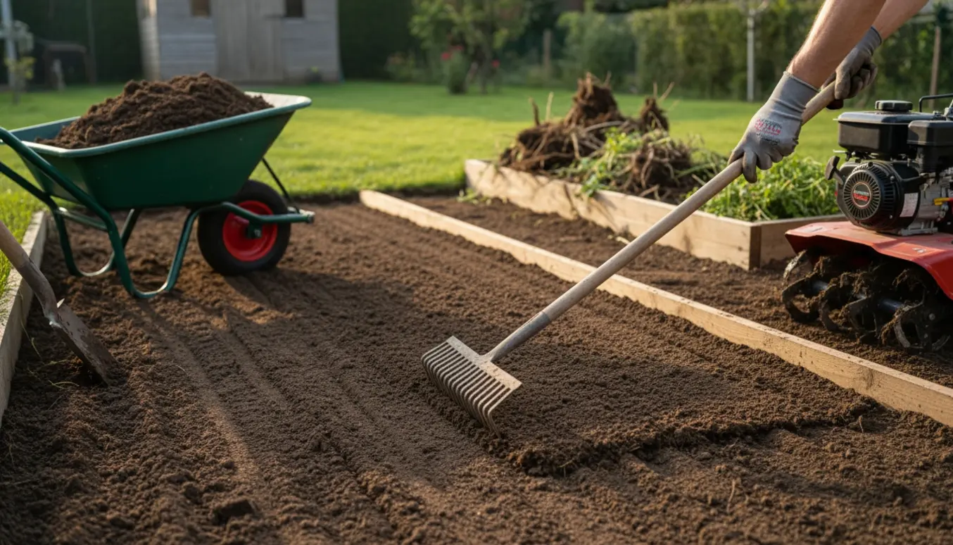 Fræset og planeret havejord med rive, trillebør og muldjord klar til græs.