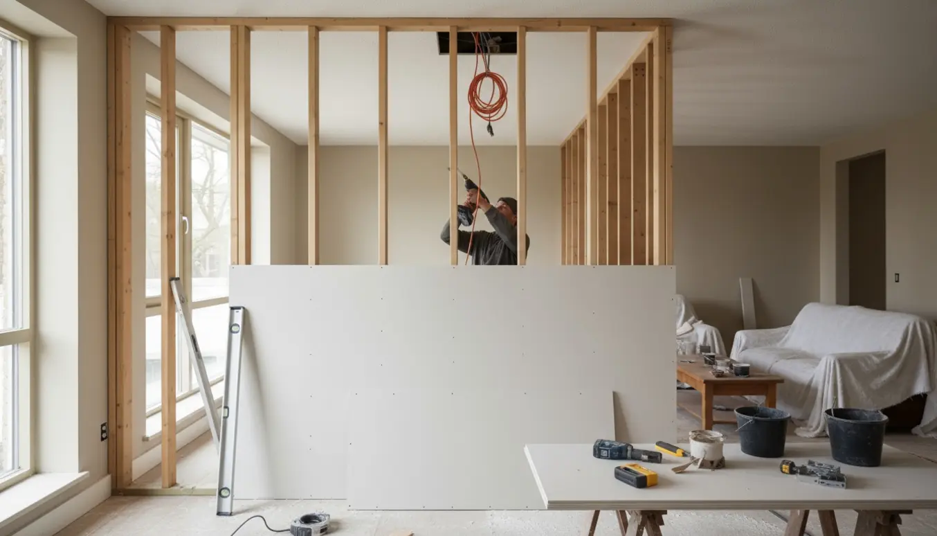 Halvfærdig skillevæg i en stue med værktøj og hænder, der arbejder ved loftets eludtag.