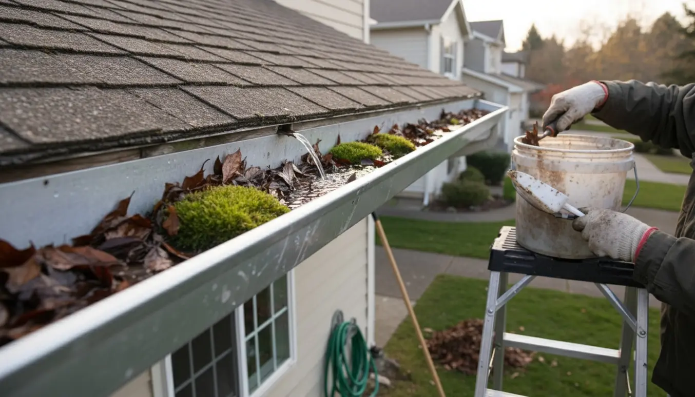 Hænder i arbejdshandsker fjerner vådt løv og mos fra en tagrende med skovl og spand.