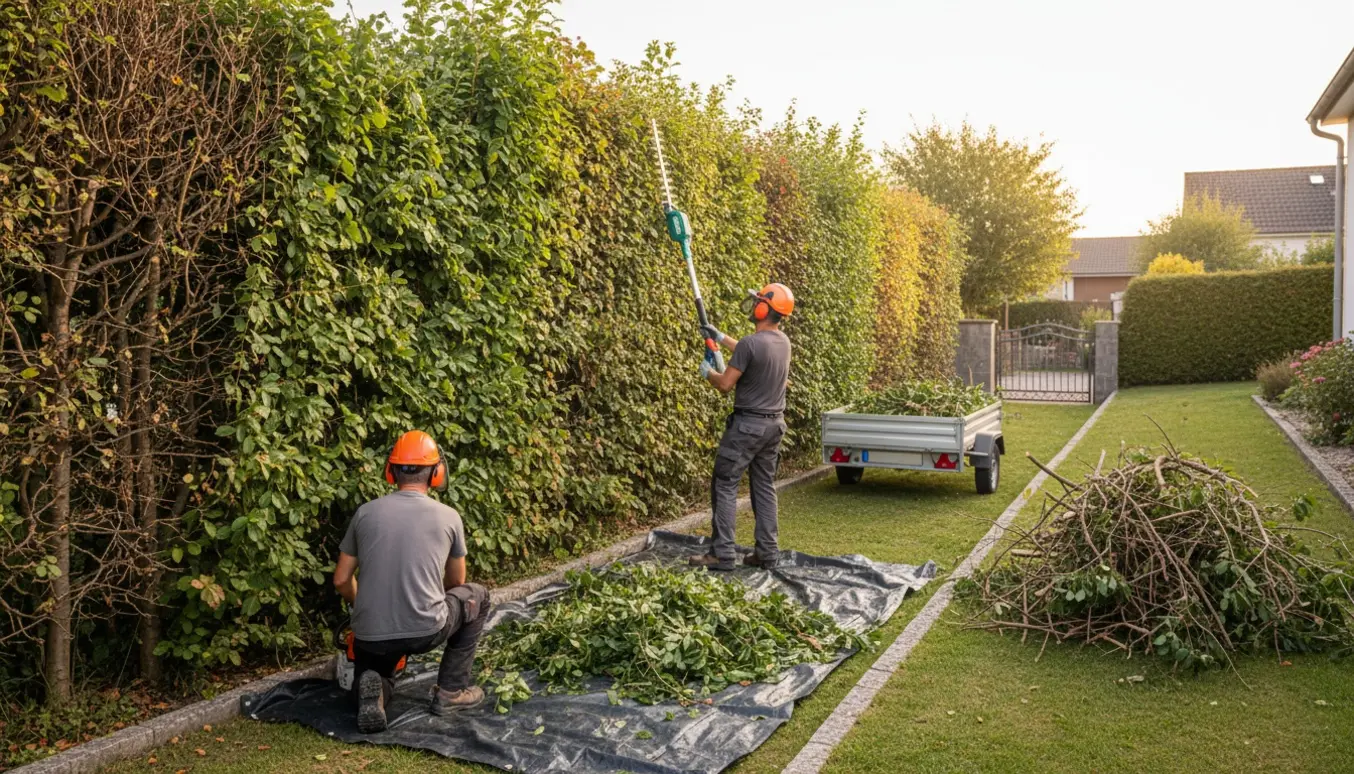 Hækkeklipning af en høj blandingshæk med hækkeklipper og motorsav på ujævnt terræn, grene samlet på en trailer.