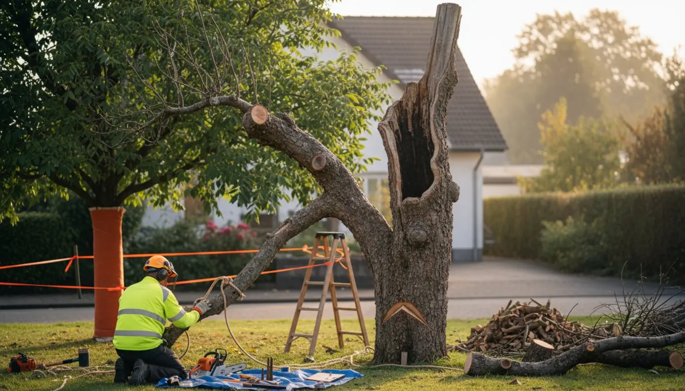 Forberedt fældning af et gammelt, hult æbletræ i indkørsel med beskyttet valnøddetræ ved siden af.