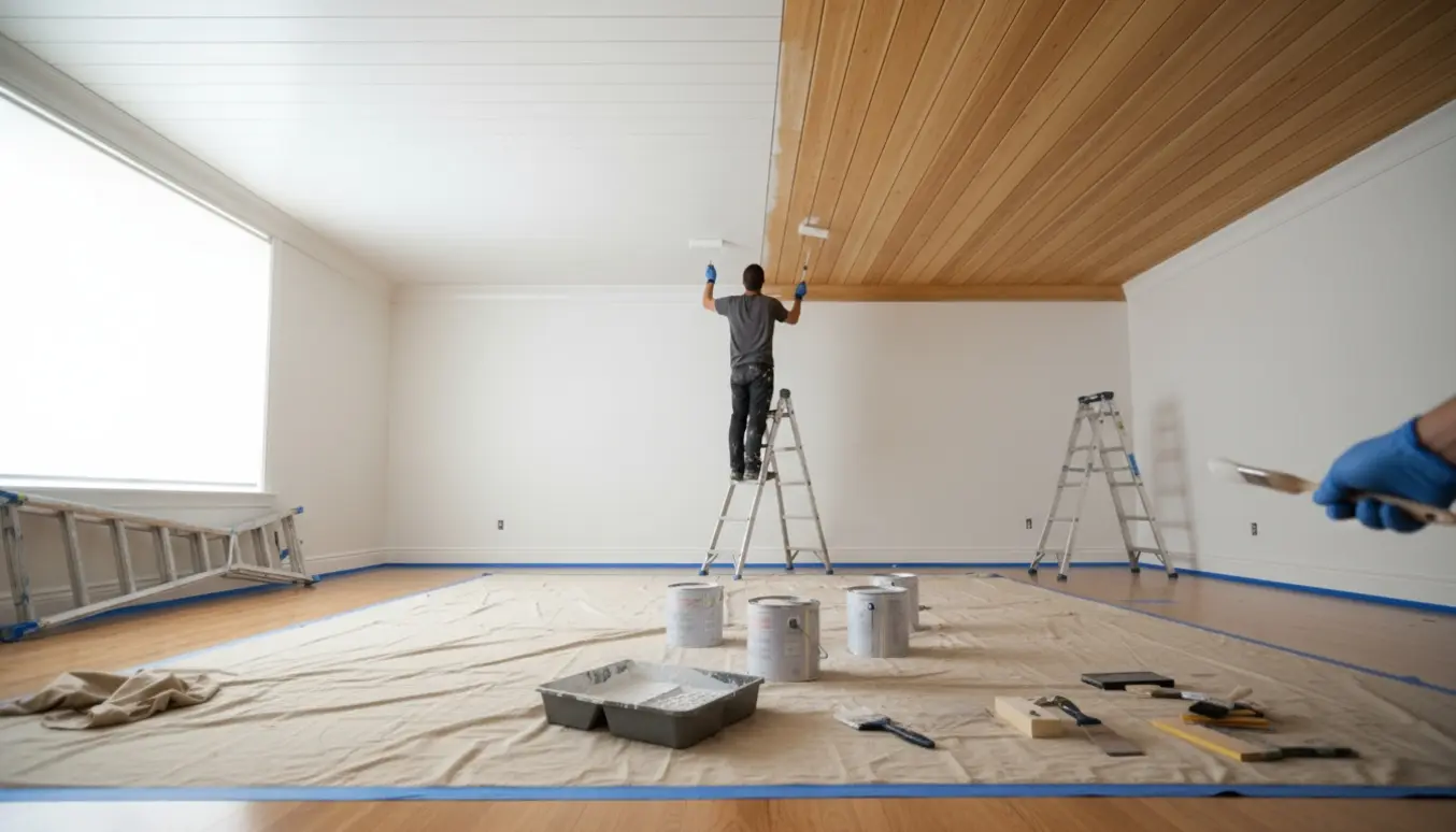 Halvmalet listetræloft i et lyst rum med en maler på stige, rulle og malerbøtter på afdækningsduge.