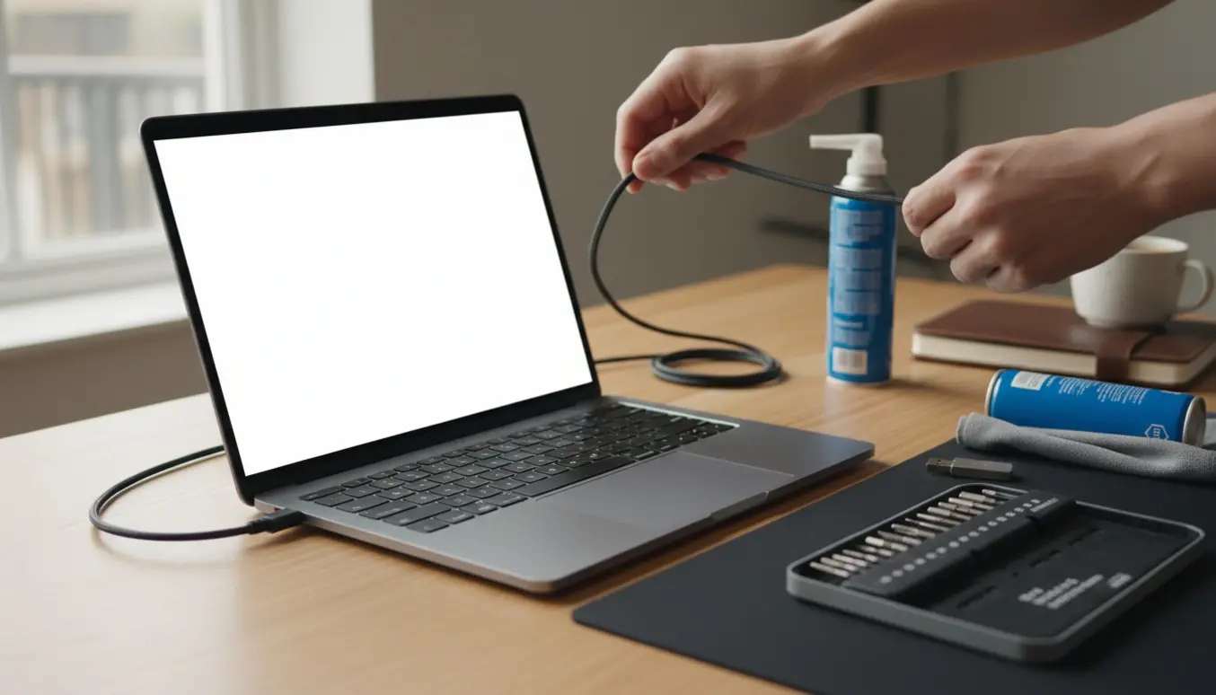Hænder ved en sølvbærbar med en helt hvid opstartsskærm på et ryddeligt skrivebord omgivet af værktøj.