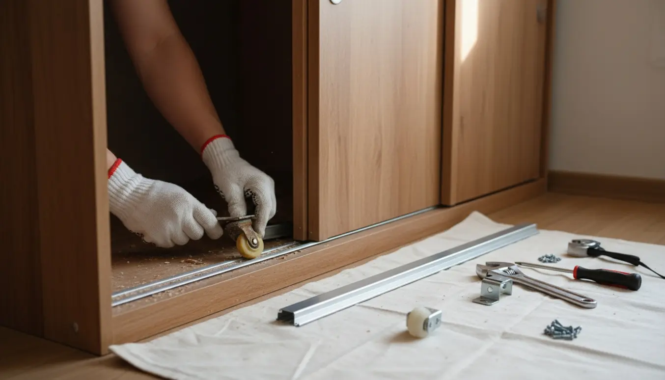 Nærbillede af hænder der udskifter skinner og hjul i et indbygget skab med nye reservedele og værktøj.