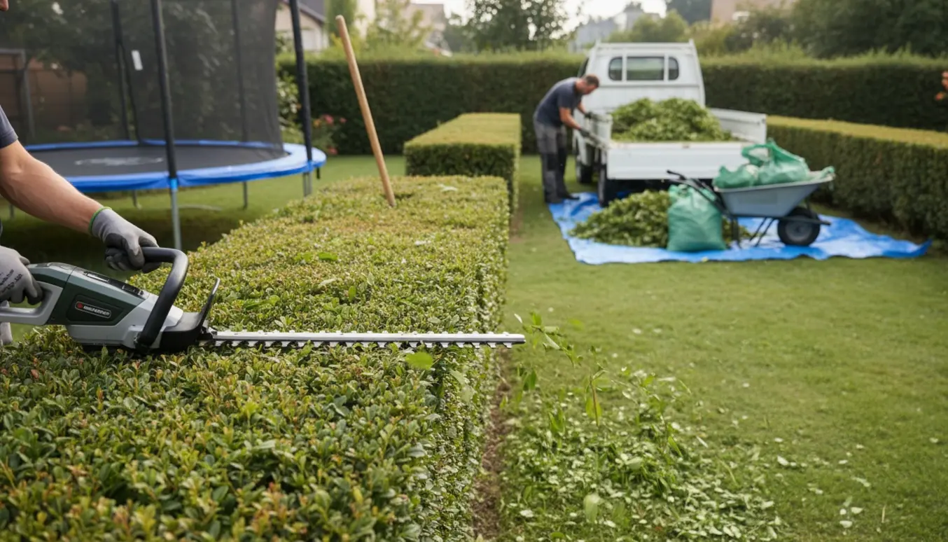Havearbejder klipper hække og læsser afklip i en ladbil, med en rund trampolin tæt ved hjørnet.