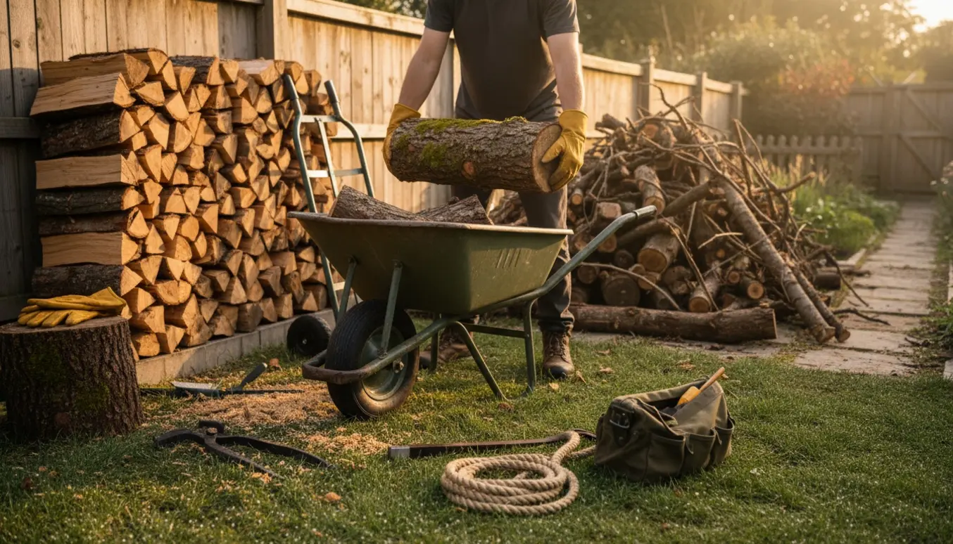 En person læsser brænde og gamle træstammer i en trillebør i en solbeskinnet baghave med handsker og værktøj ved siden af.