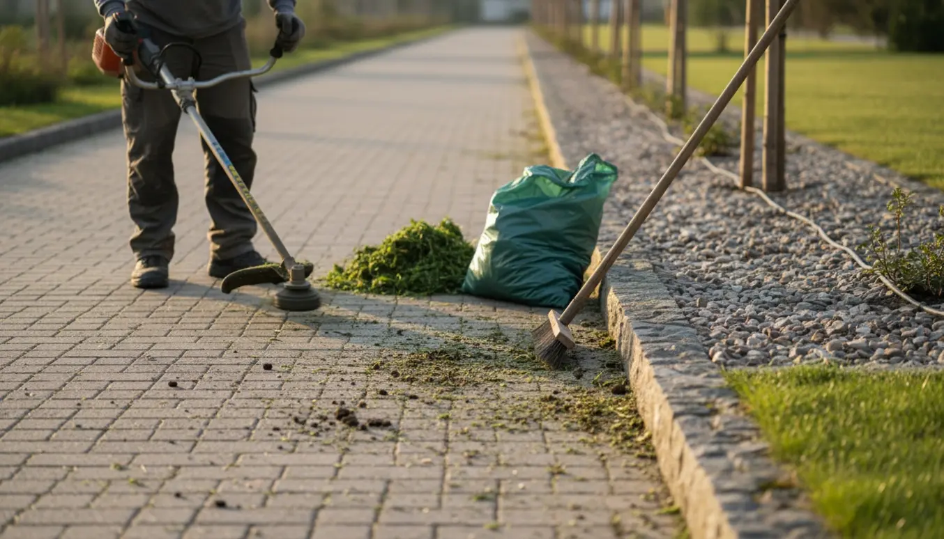 En person trimmer ukrudt langs et langt fortov ved et stenbed med opsamlet grønne klip og værktøj.