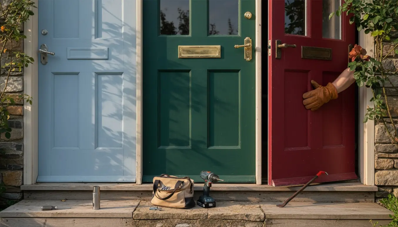 Tre udvendige døre med værktøj: en låsecylinder er delvist trukket ud, hængslerne er løse, og en dør er svær at åbne.