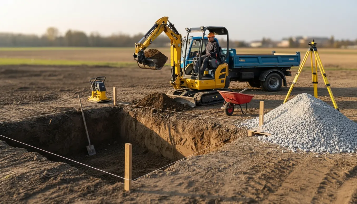 Gravning af en 20 m² holdeplads til 30 cm dybde med minigraver, jordbunke og stabilgrus ved siden af.
