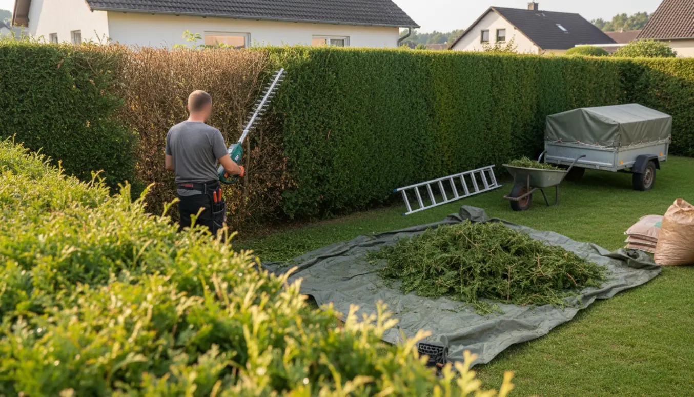 En person beskærer en tujahæk, friske afklip ligger klar i en trillebør og trailer til bortkørsel.