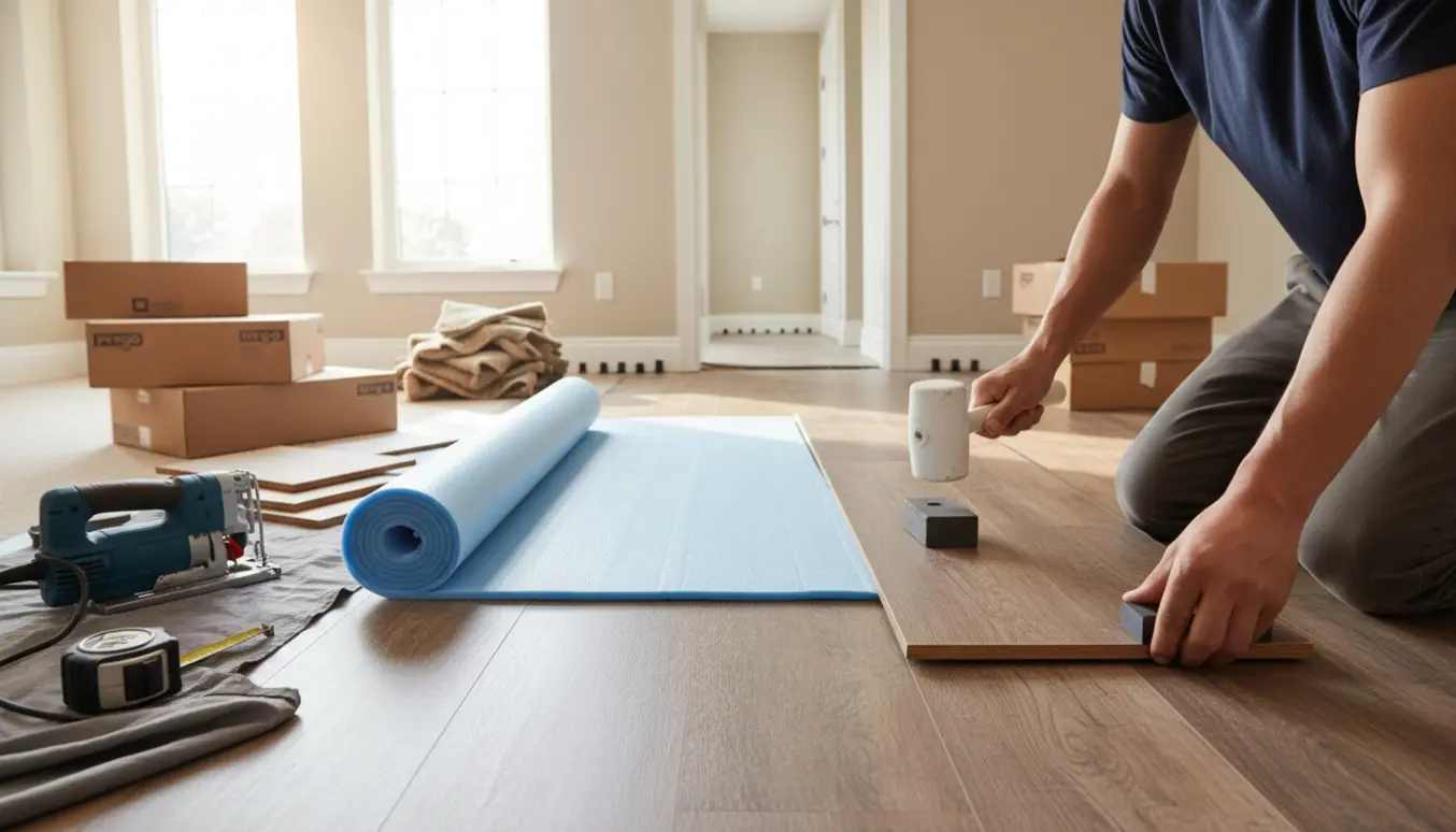 Nærbillede af lægning af Pergo laminatgulv i en lys stue og gang med værktøj og underlag.