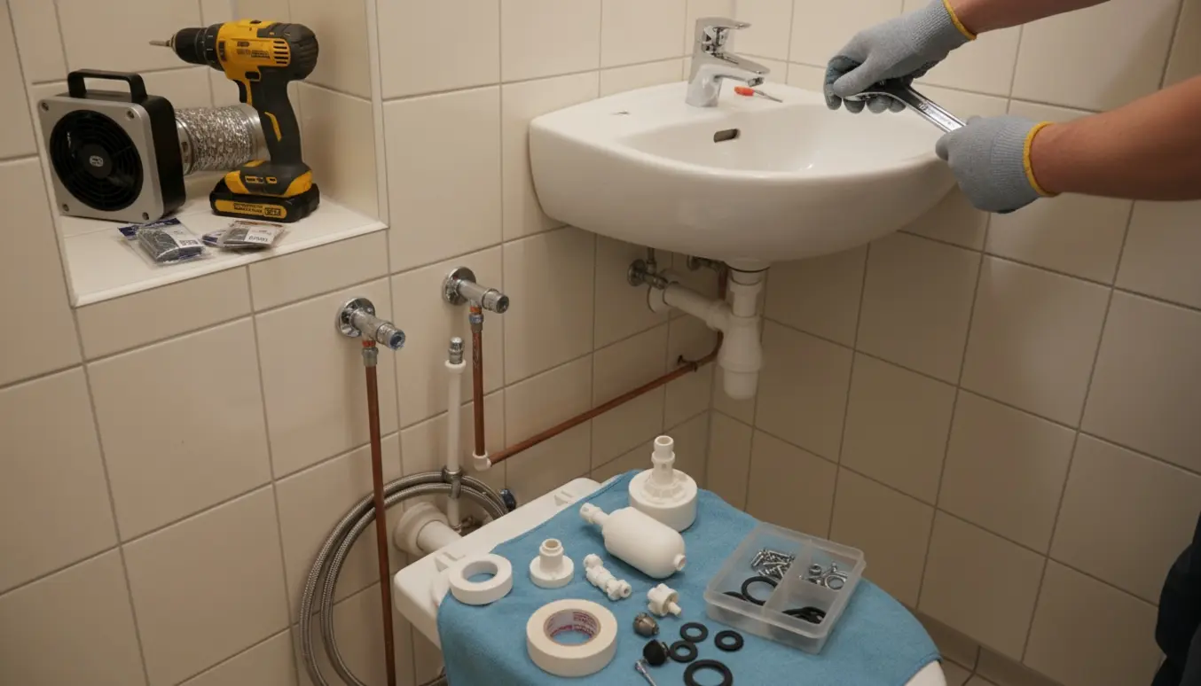 Håndværker monterer ny hjørnehåndvask og blandingsbatteri med åben toiletcistern og nyt svømmerventil ved siden af.